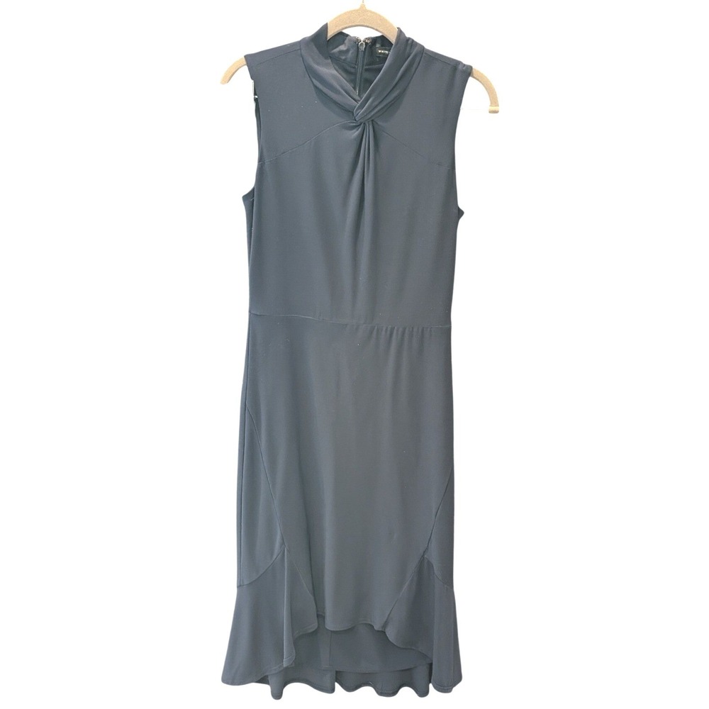 White House Black Market Navy Blue Twist Neck High Low Flounce Dress Size 0
